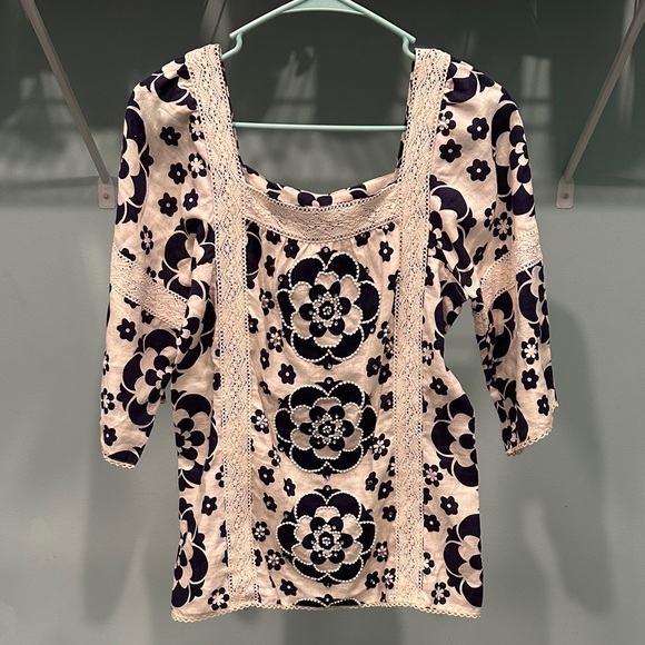 Tory Burch Tops - Tory Burch Cream and Navy beaded Floral Blouse